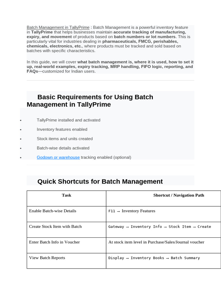 Batch Management in TallyPrime Guide | PDF | Inventory | Warehouse