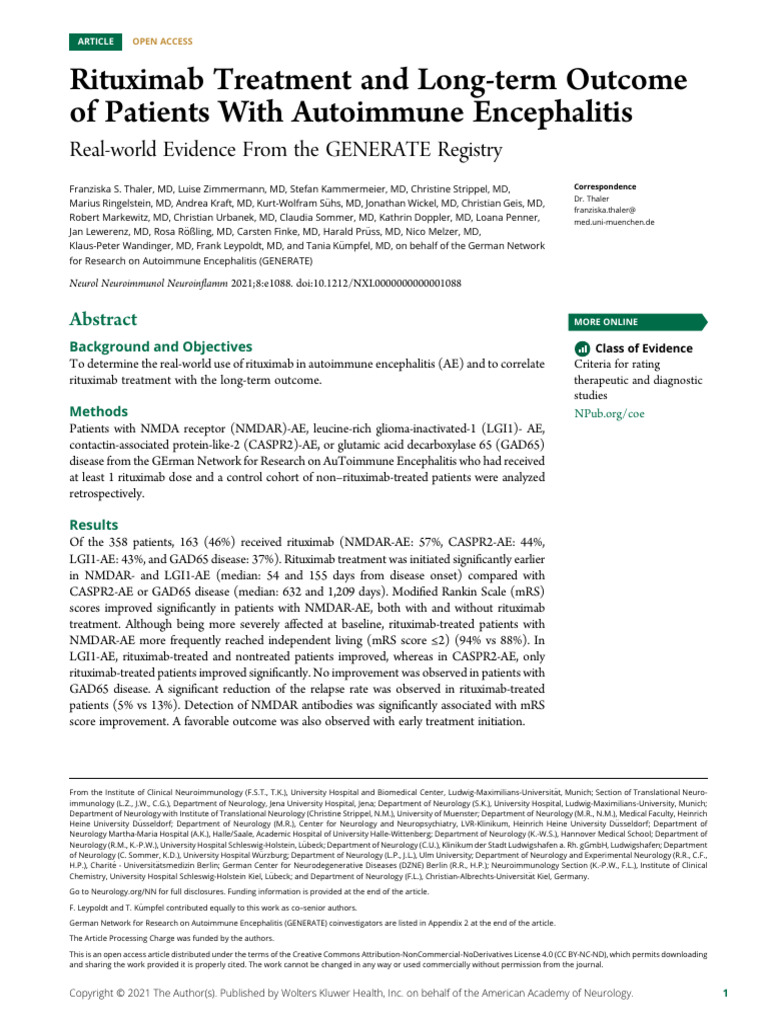 Thaler Et Al 2021 Rituximab Treatment and Long Term Outcome of Patients ...