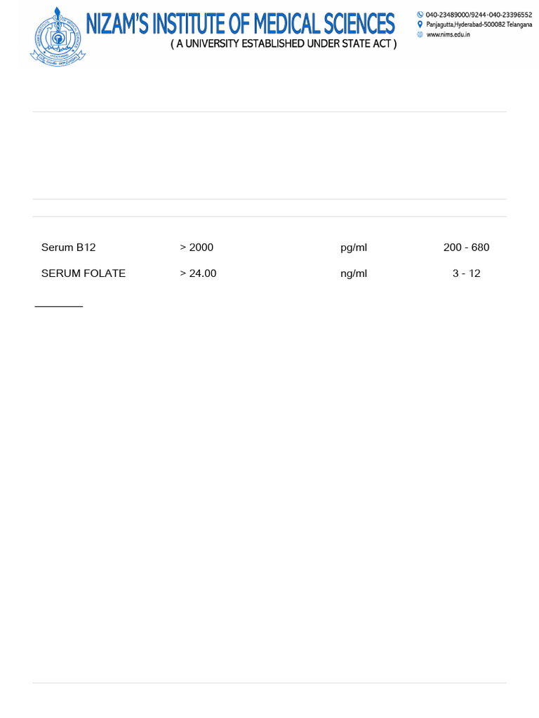 Serum B12 and Folate Test Results | PDF