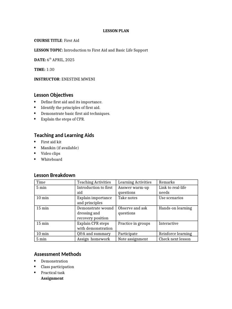Lesson Plan First Aid | PDF