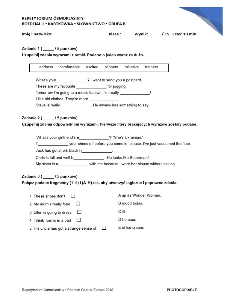 REP8 Unit 1 B Short Test Vocab | PDF