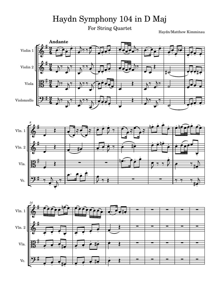 Haydn Symphony 104 in D Maj For String Quartet | PDF | String Quartet ...