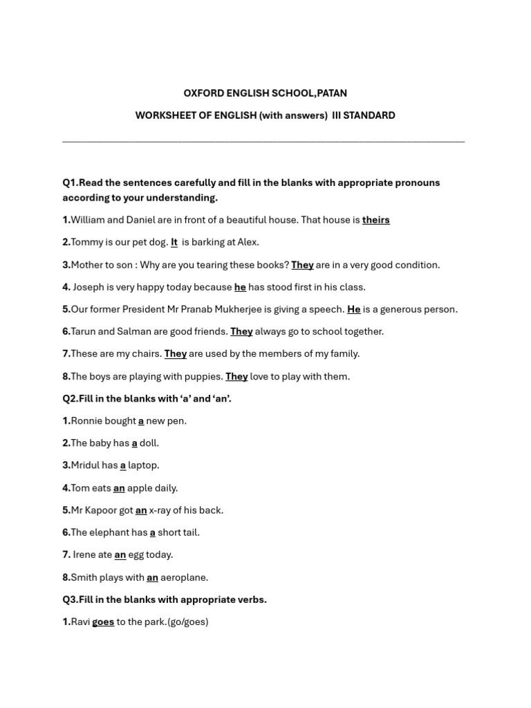 English Worksheet with Answer Key | PDF | Linguistics | Syntax