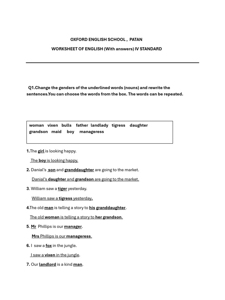 English Worksheet for IV Standard Students | PDF