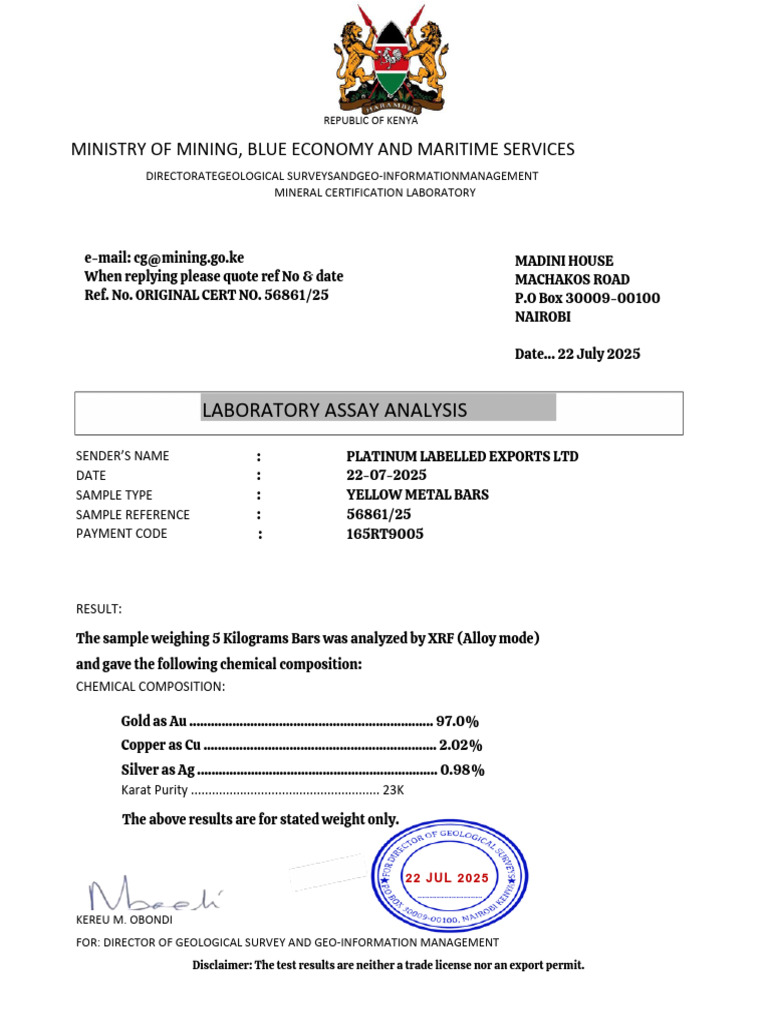 Gold Assay Report for Kenya Export | PDF