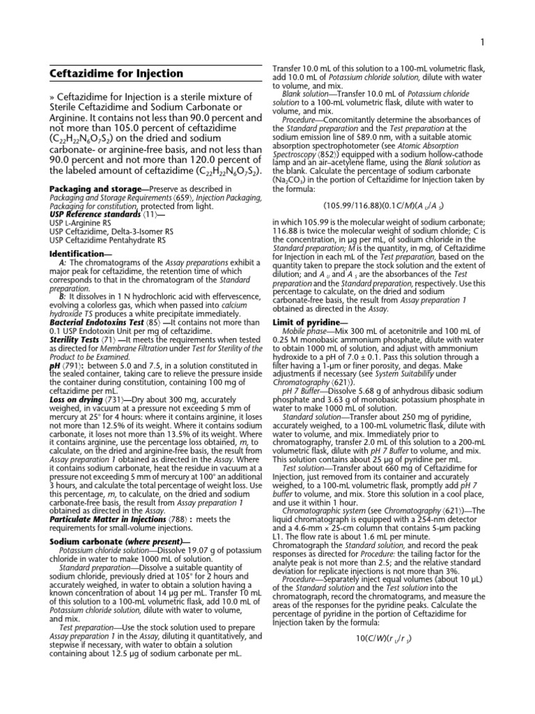 Ceftazidime Injection Specifications | PDF | Chromatography | Sodium