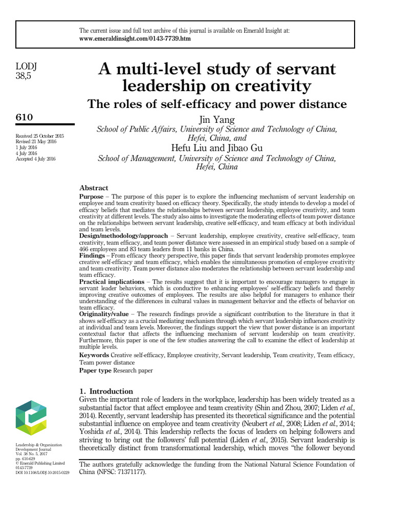 Servant Leadership and Employee Creativity | PDF | Self Efficacy ...