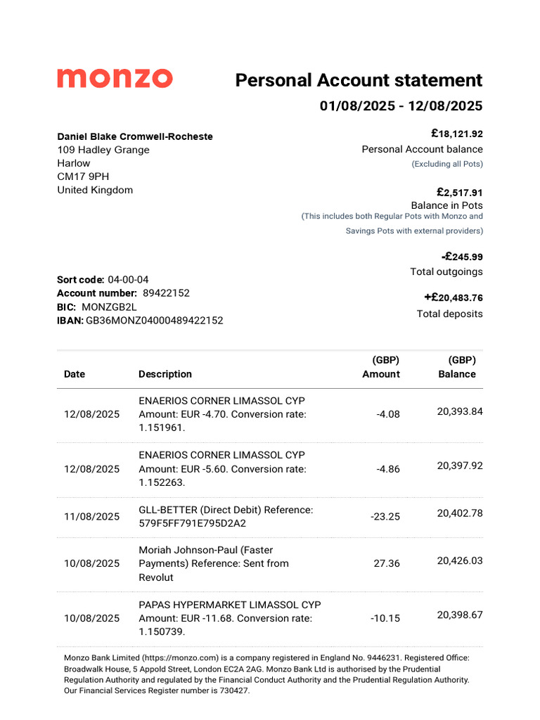 Monzo Personal Account Statement 2025 | PDF | Money | Personal Finance