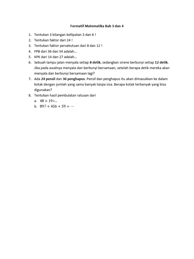 Formatif Matematika Bab 3 Dan 4 | PDF