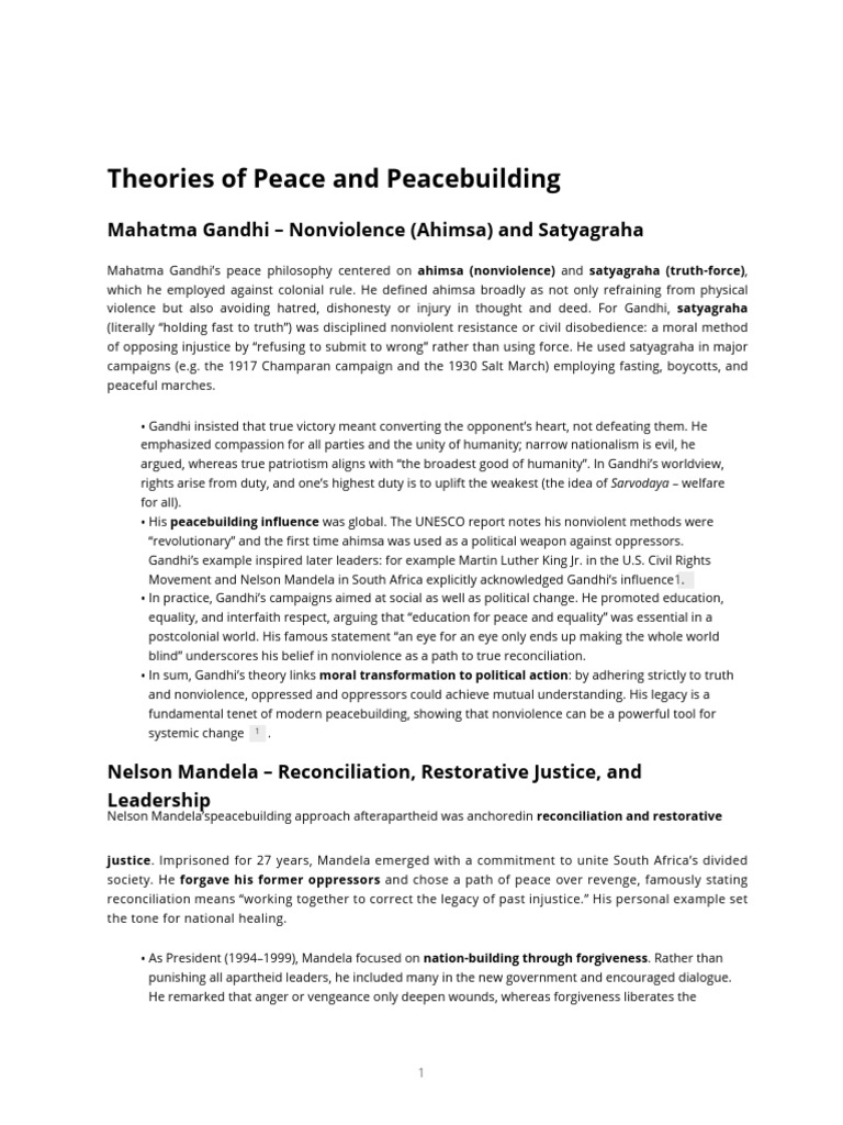 Theories of Peace: Mandela, Gandhi, Lederach | PDF | Mahatma Gandhi | Peace