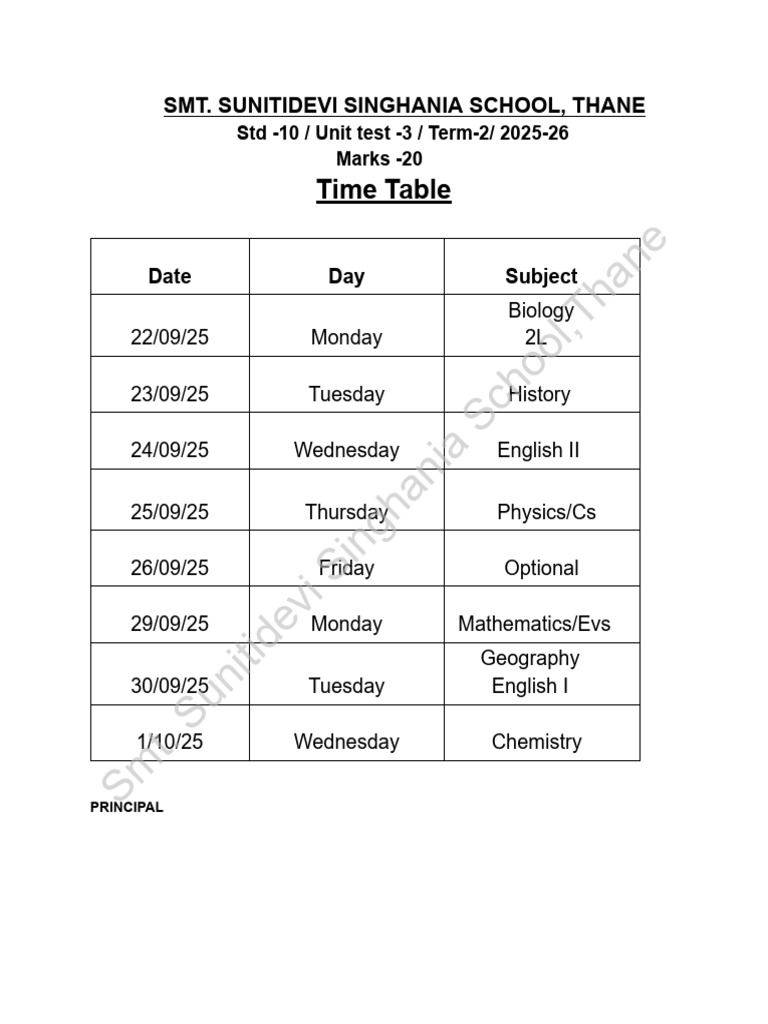 Std 10 Unit Test 3 Time Table 2025-26 | PDF
