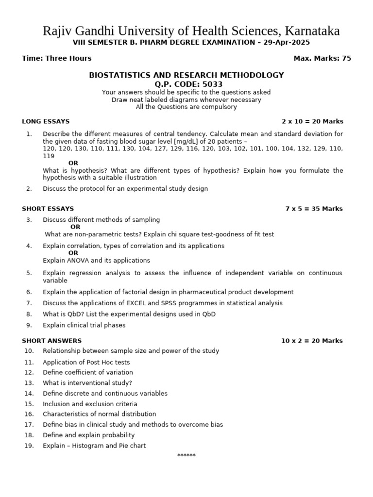 Pharm - 5033 - Biostatistics and Research Methodology - TTP (April-2025 ...