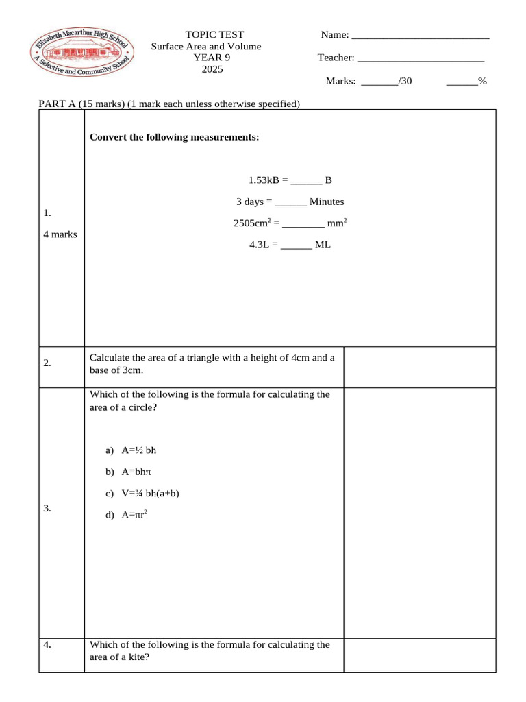 Year 9 Surface Area and Volume Test | PDF | Area | Elementary Geometry