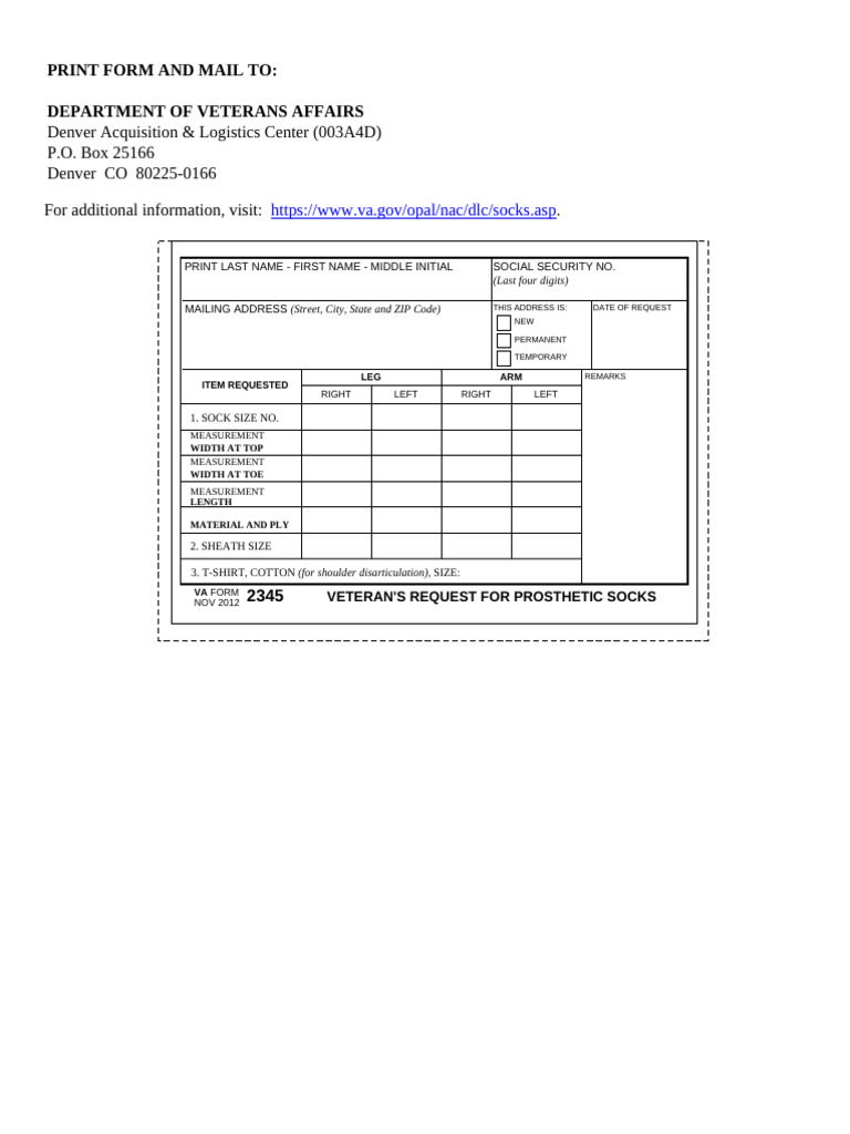 Veteran's Prosthetic Socks Request Form | PDF
