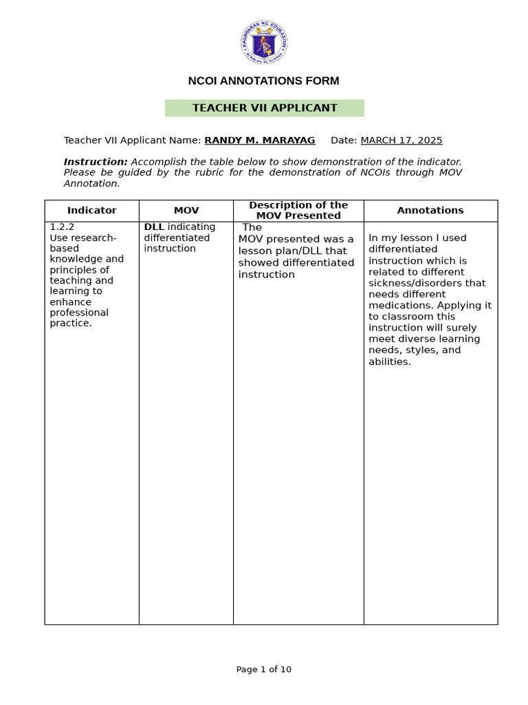 NCOI Annotations for Teacher VII Applicant | PDF | Learning | Teaching