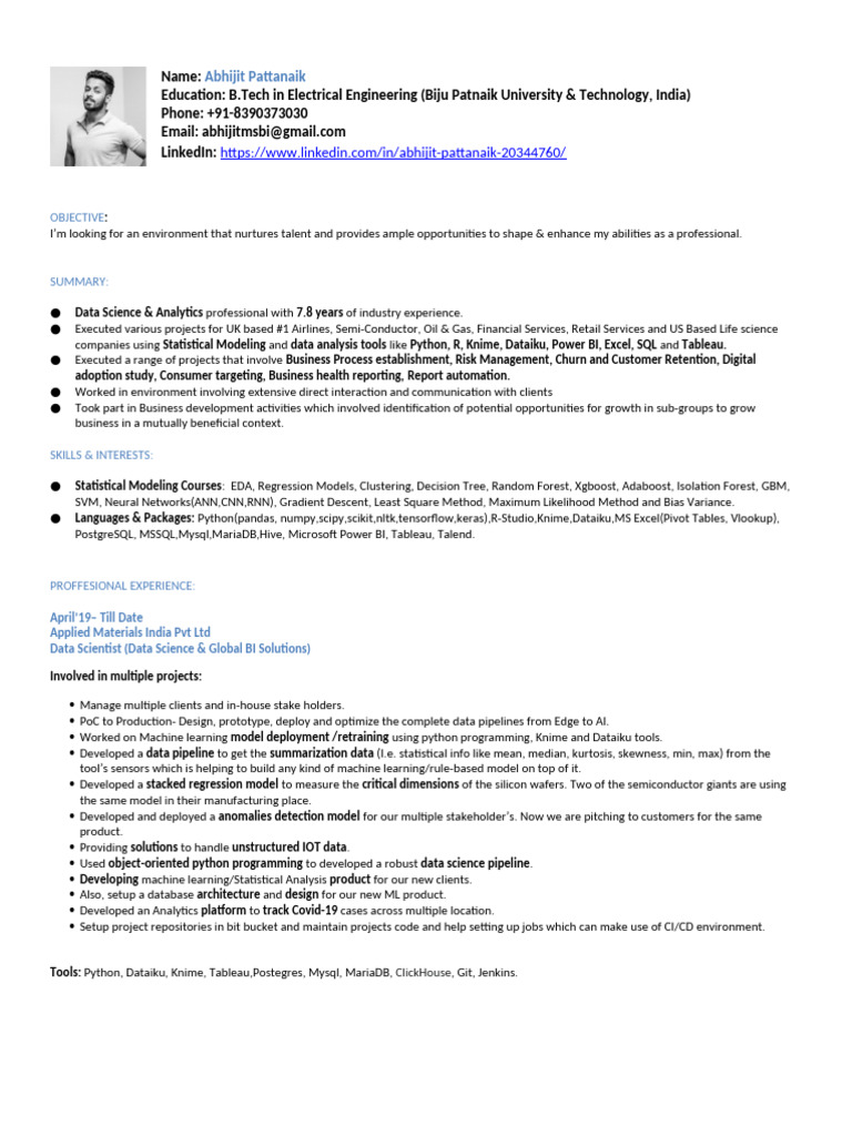 Data Scientist with 7.8 Years Experience | PDF | Microsoft Sql Server ...