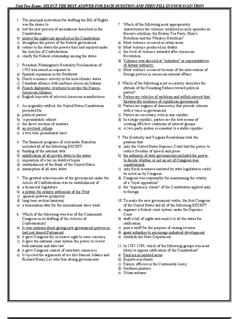 AP U S Unit 2 Exam Answers United States Constitution Federalist