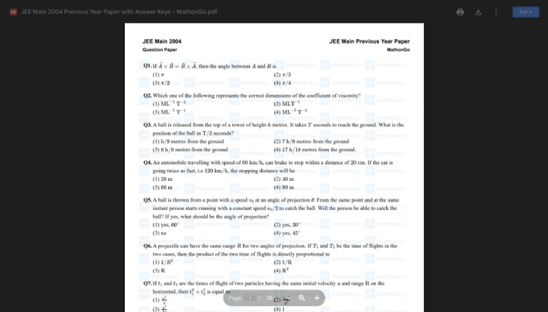 JEE Main 2004 Physics Question Paper | PDF | Quantity | Physical Quantities