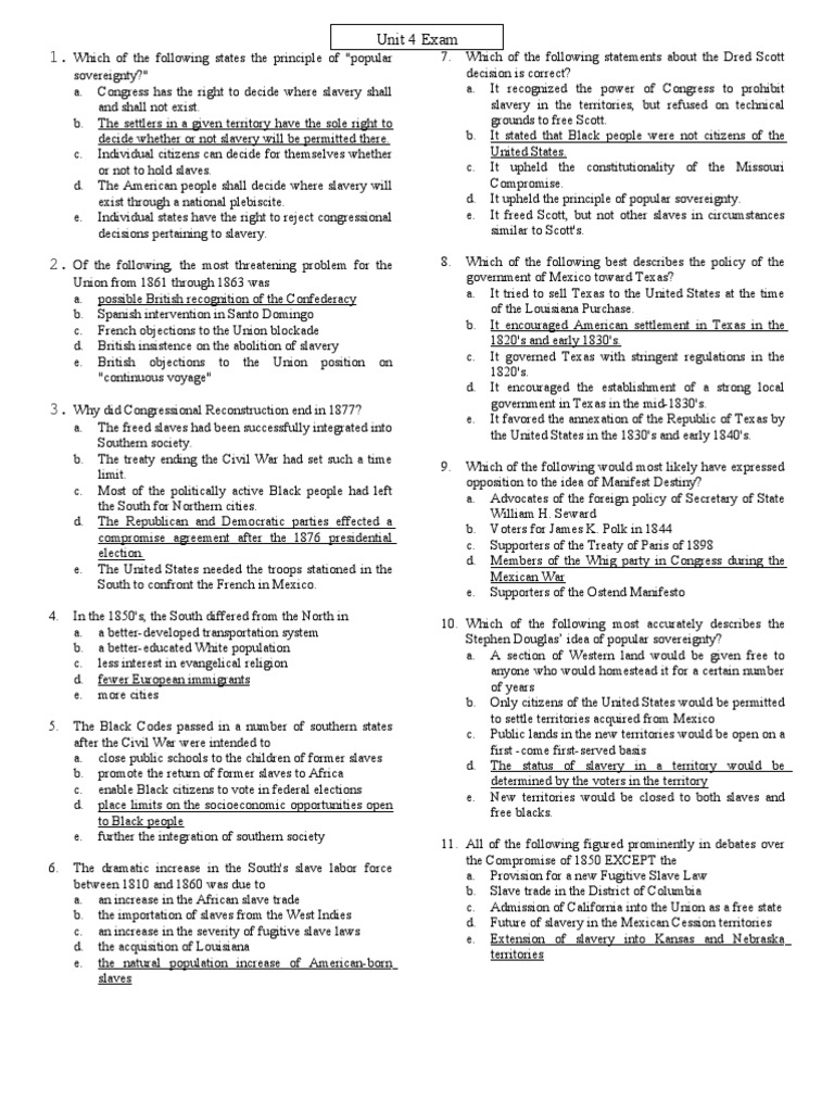 AP U.S. Unit 4 Exam + Answers Slavery