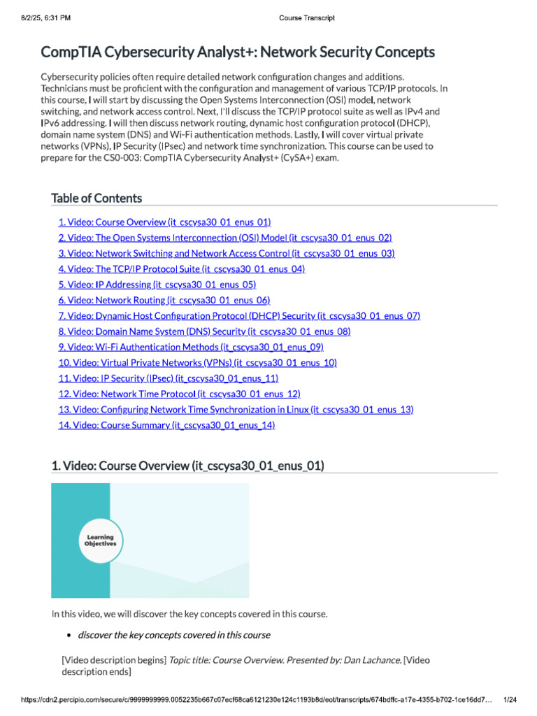 1. CompTIA Cybersecurity Analyst+ - Network Security Concepts | PDF