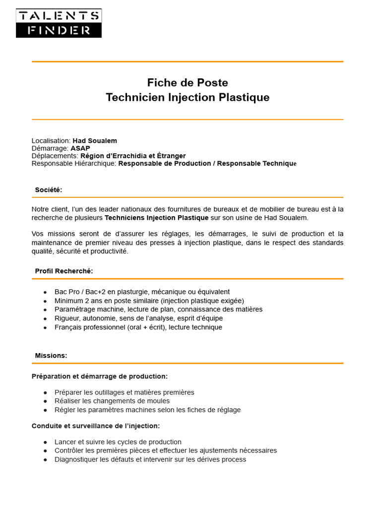 Offre d'emploi : Technicien Injection Plastique | PDF