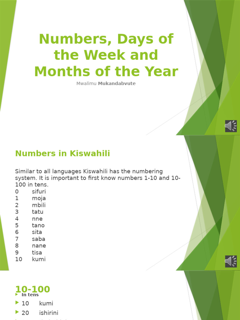 Kiswahili Numbers, Days, and Months Guide | PDF | Linguistics | Onomastics
