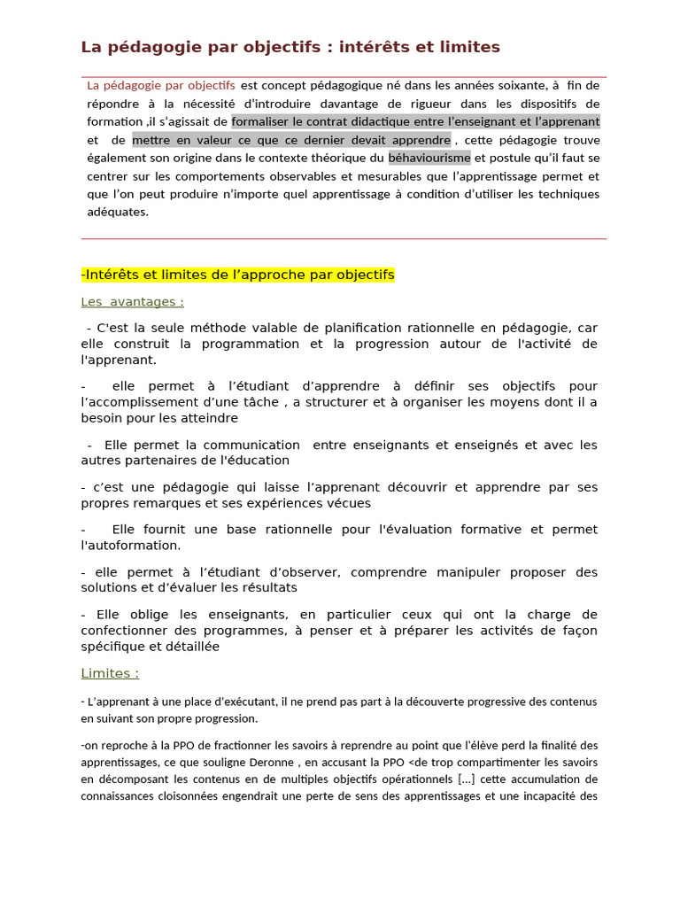 Pédagogie par objectifs : avantages et limites | PDF | Apprentissage ...