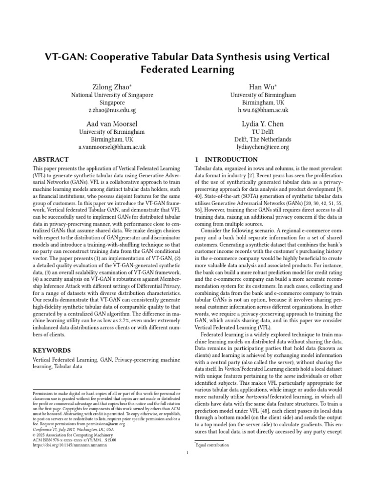 VT-GAN Cooperative Tabular Data Synthesis Using VerticalFederated ...