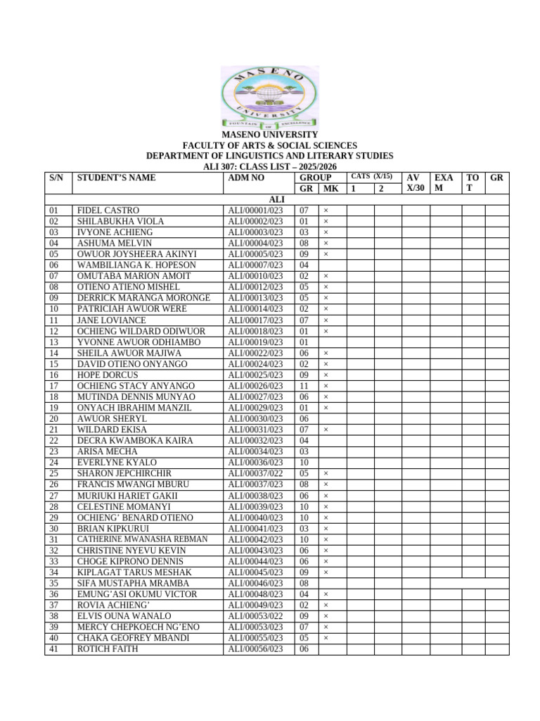 Ali 307 - Class List - 2025-2026-1 | PDF