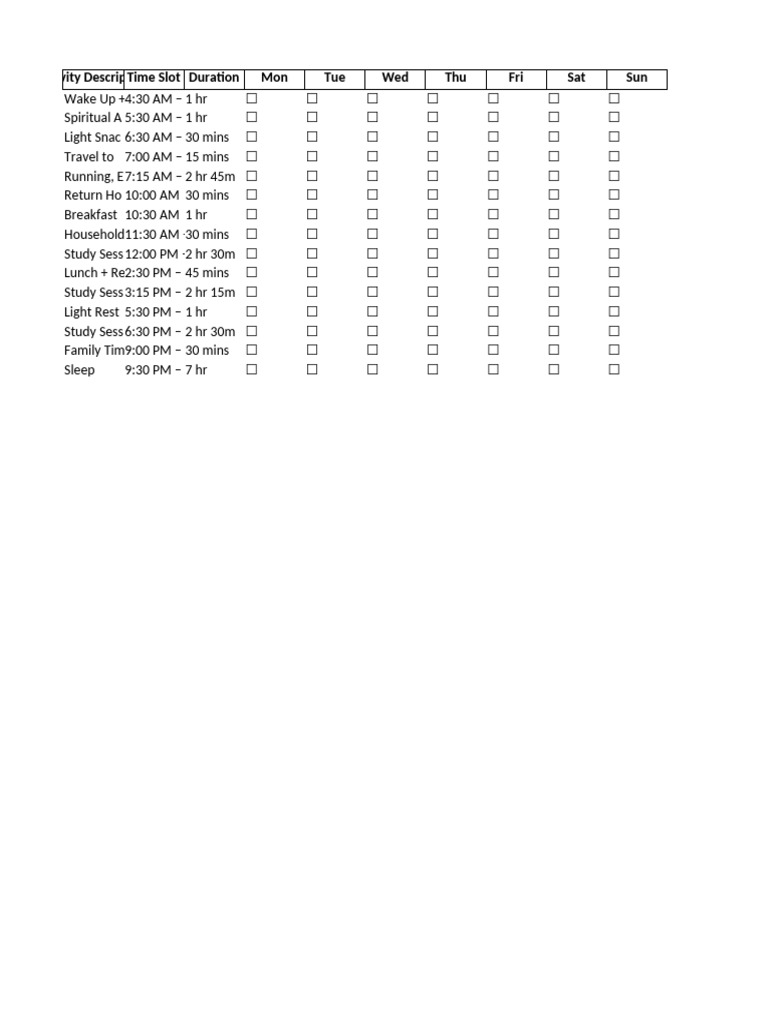 Weekly Activity Schedule Overview | PDF