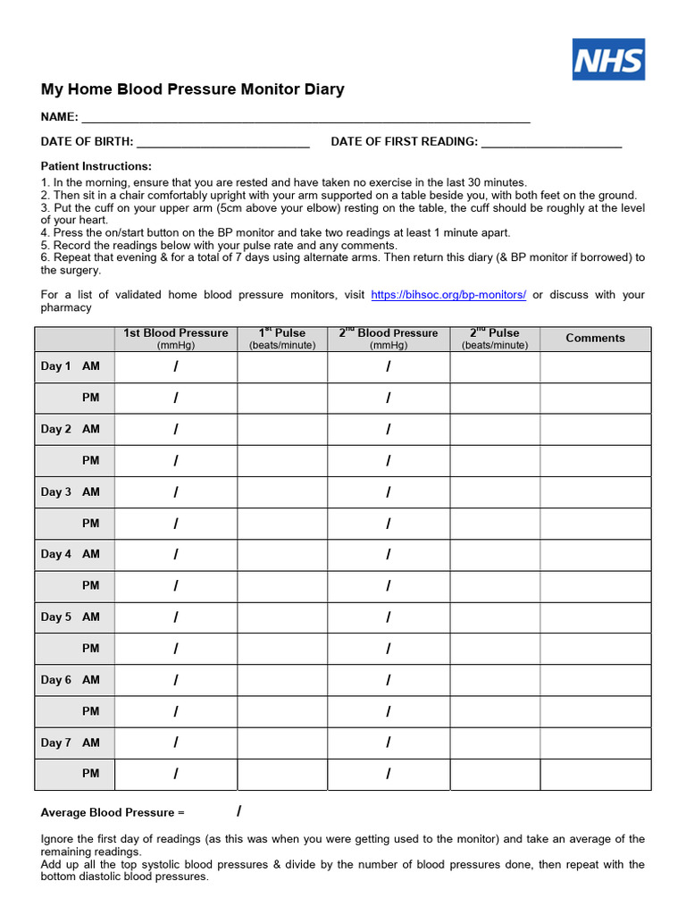 Home Blood Pressure Monitor Log | PDF | Blood Pressure | Blood
