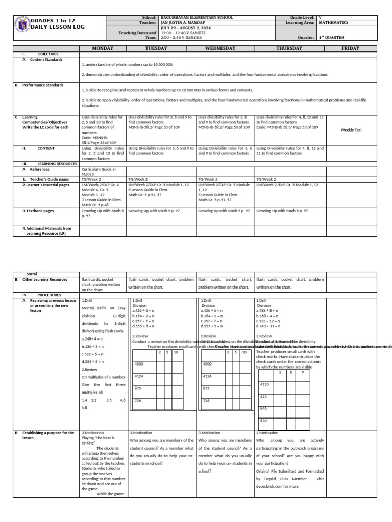 Grade 5 Math Daily Lesson Plan | PDF | Learning