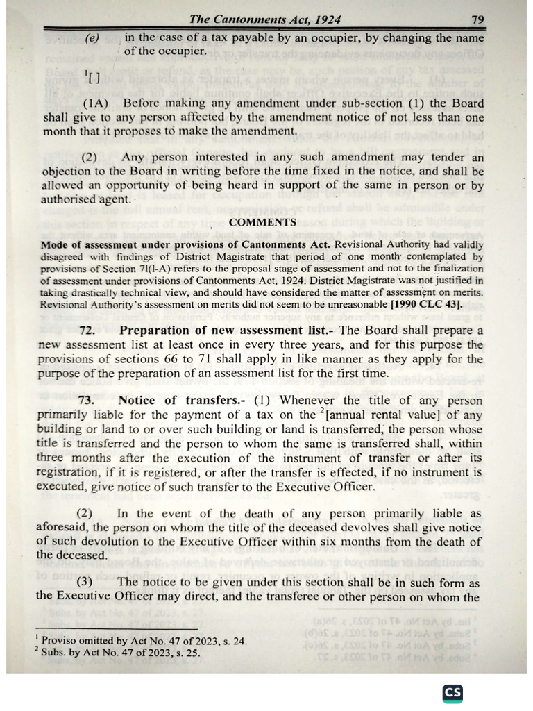 Cantt Act 1924 Section 72 | PDF