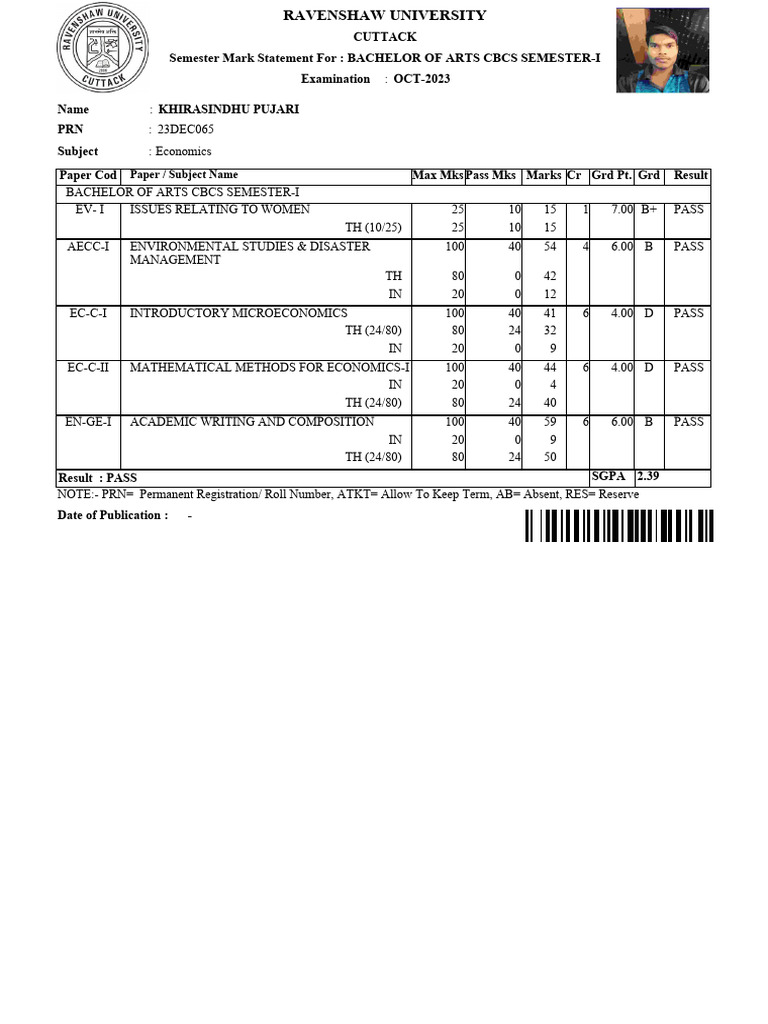 BA Semester-I Mark Statement 2023 | PDF