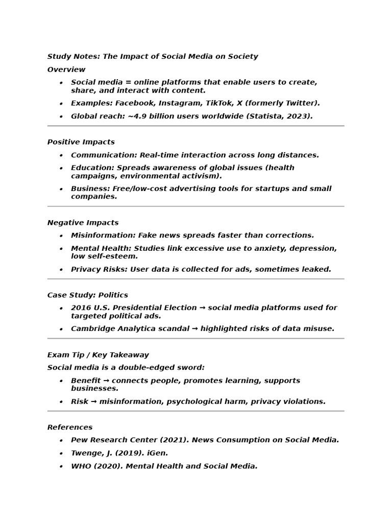 Study Notes The Impact of Social Media On Society | PDF