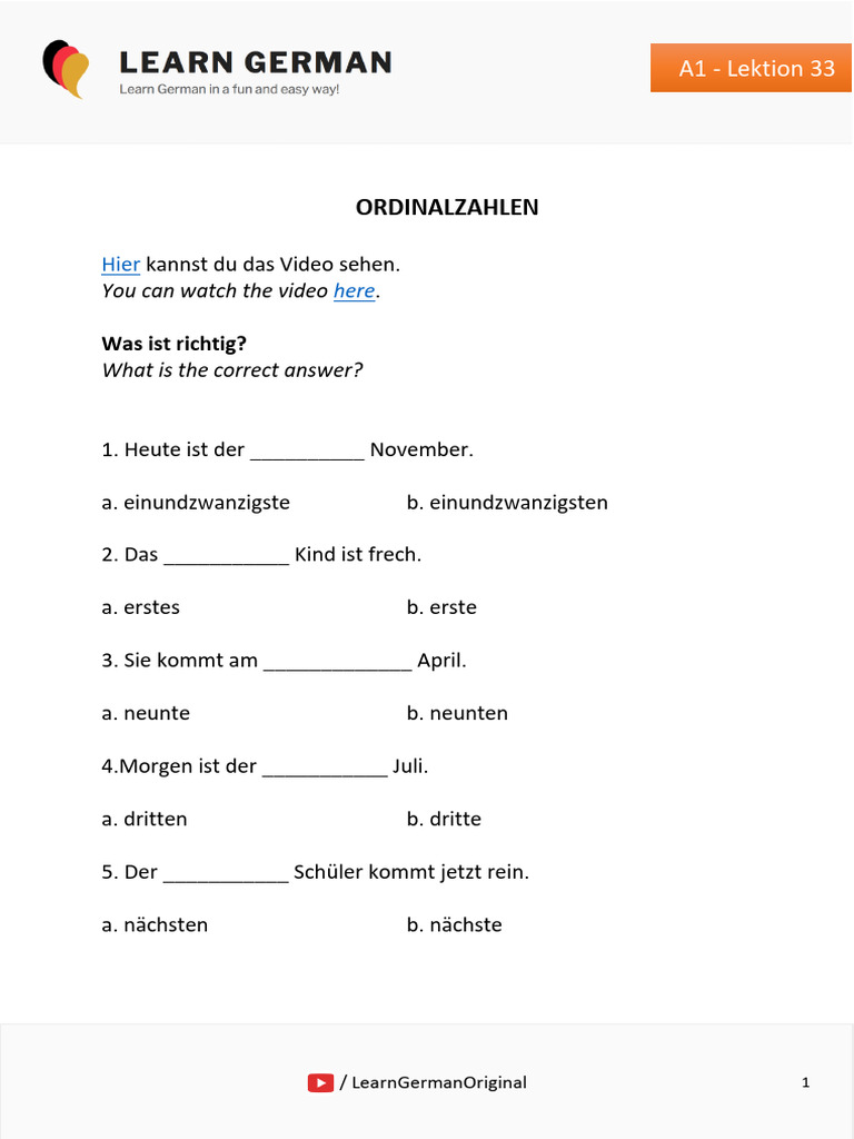 A1 - Lesson 33 - Ordinal Numbers | PDF