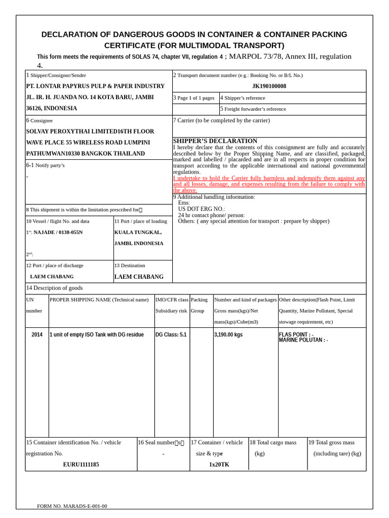 Dangerous Goods Container Packing Certificate | PDF | Dangerous Goods