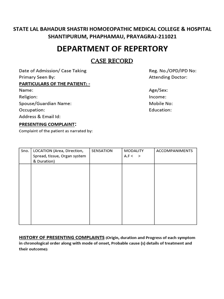 Homoeopathic Case Record Analysis | PDF | Physical Examination ...