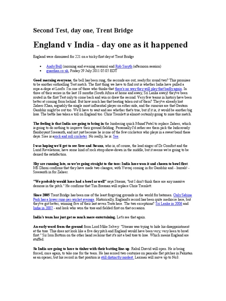 England V India Second Test Trent Bridge England Cricket Team