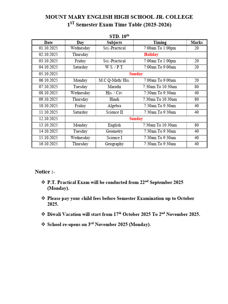 1st Semester Exam Schedule 2025-26 | PDF