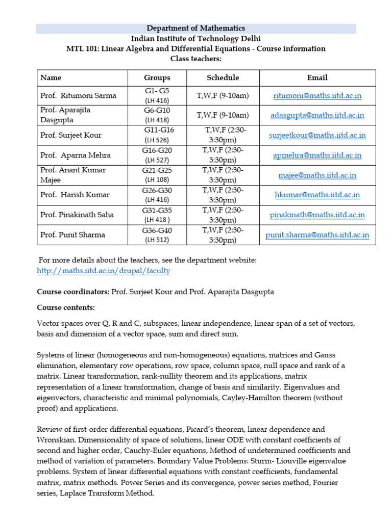 MTL 101 Course Overview at IIT Delhi | PDF | Eigenvalues And ...