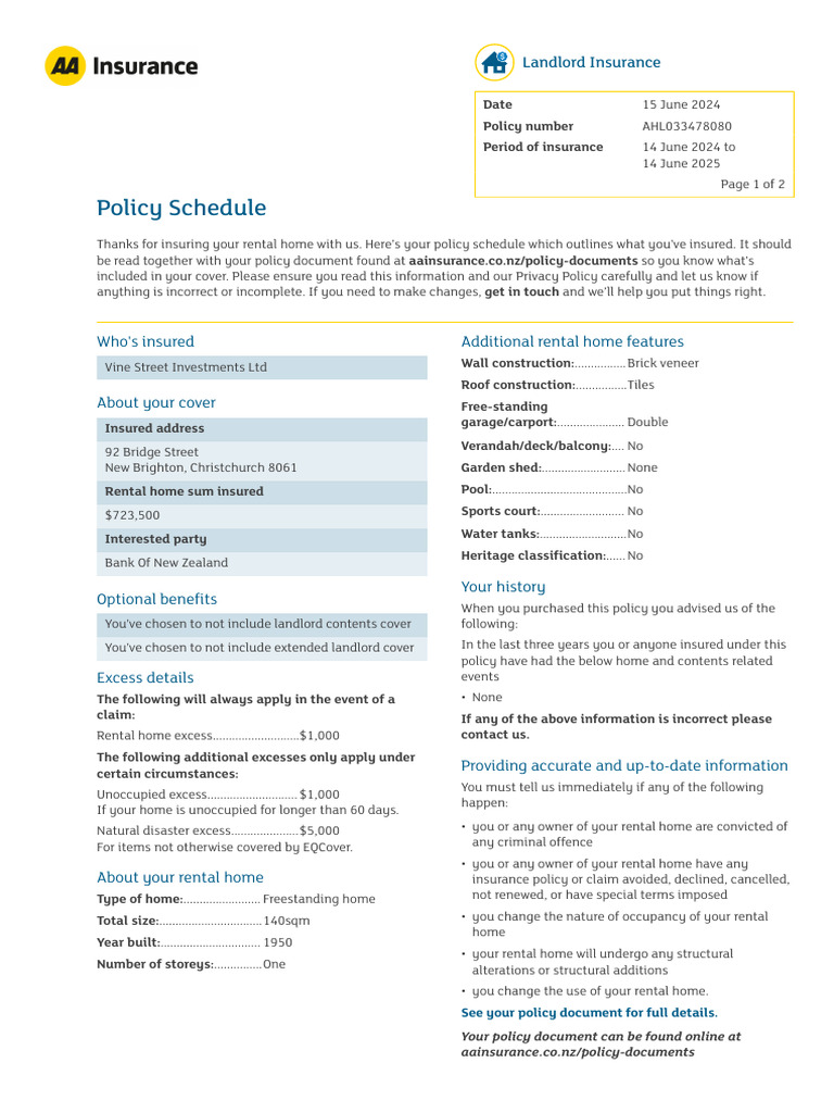 Landlord Insurance Policy Schedule 2024 | PDF