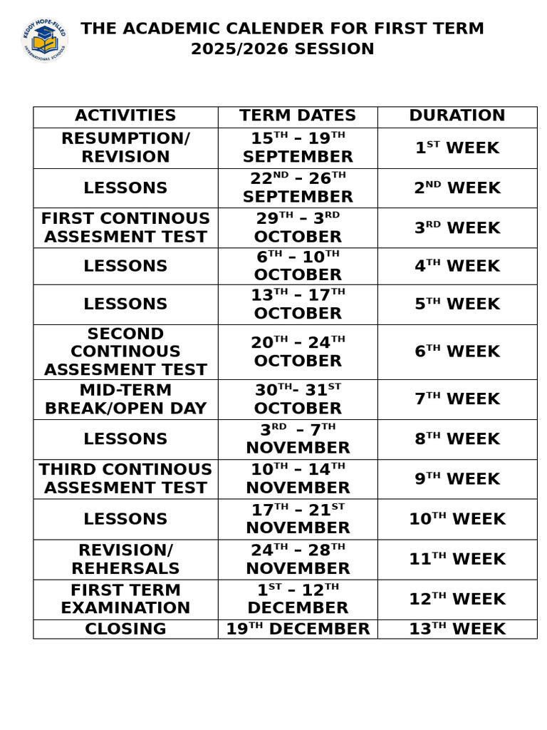 First Term Academic Calendar 2025/2026 | PDF