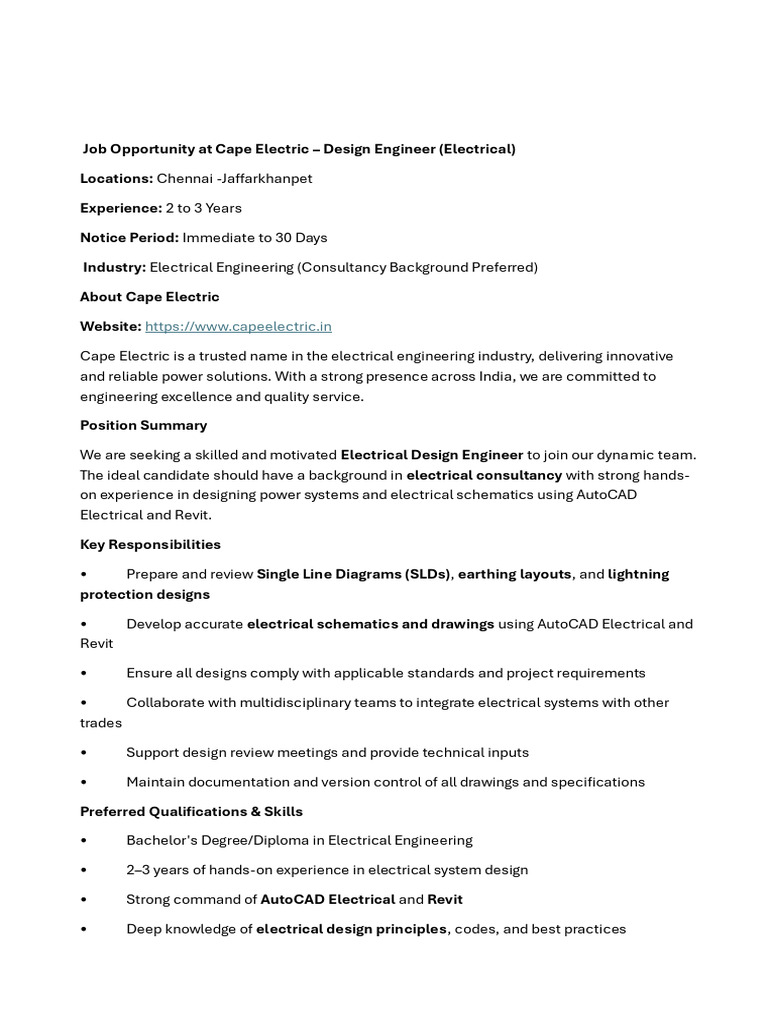 Design Engineer Position at Cape Electric | PDF