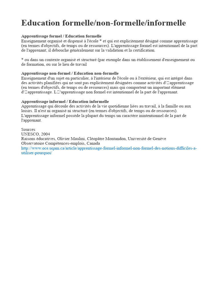 Distinctions entre éducation formelle et informelle | PDF