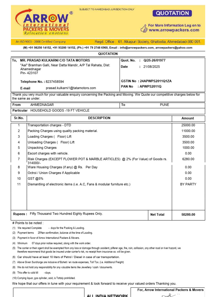 Packing and Moving Quotation Details | PDF | Insurance