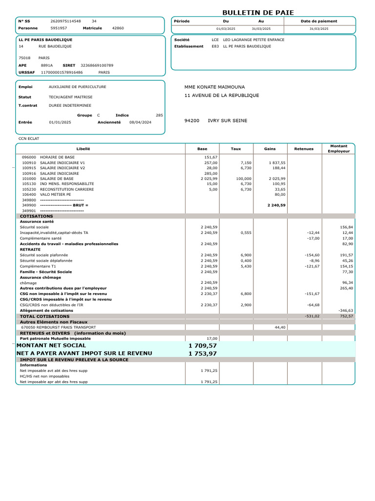 Bulletin de paie MME KONATE 2025 | PDF | Impôt sur le revenu | Bulletin ...