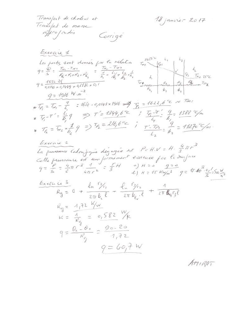 Amirat Correction Emd Transfert de Chaleur Et Masse s1 2017 | PDF