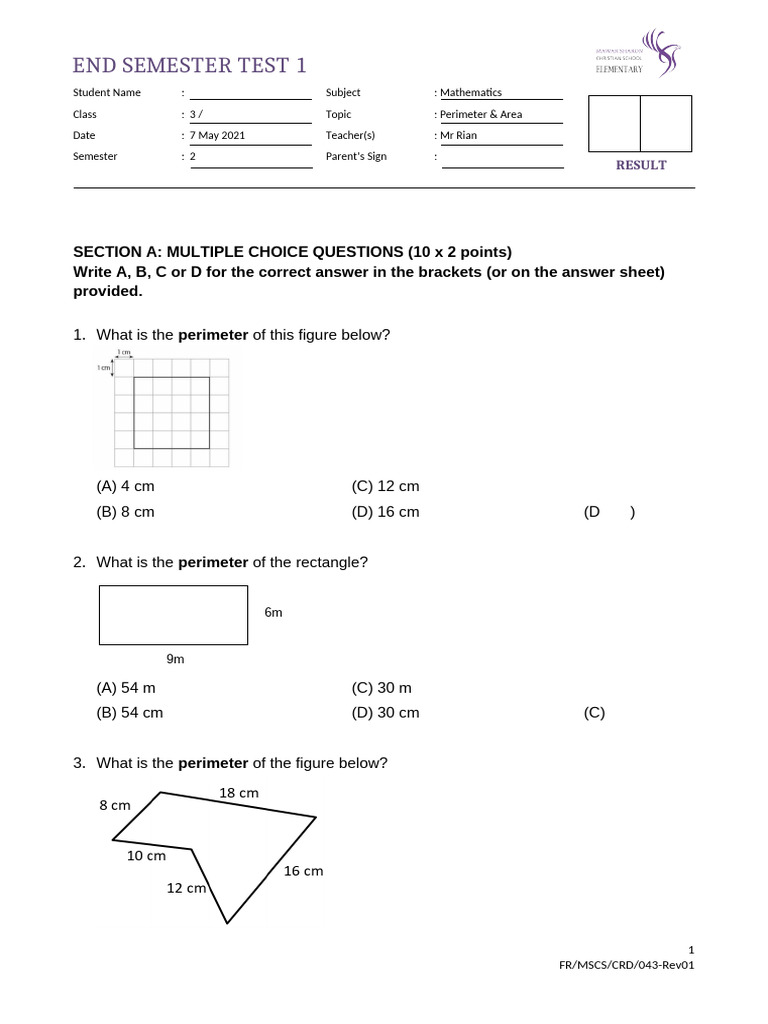 3rd Grade Perimeter & Area Test | PDF | Area | Chess Openings