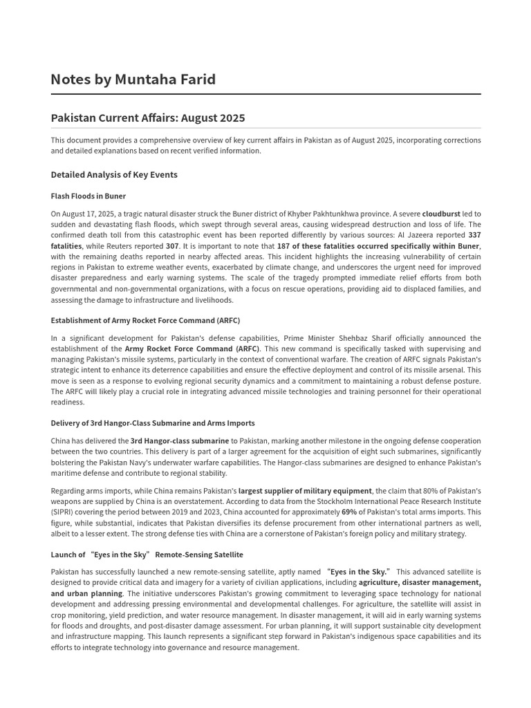 Pakistan Current Affairs August 2025 | PDF | Pakistan | Mining